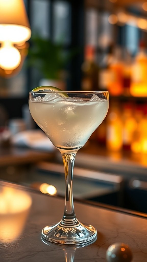 A stylish cocktail in a glass with ice and a lemon twist, set against a blurred bar background.