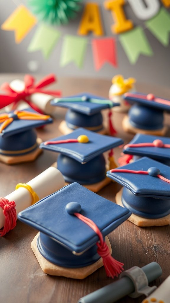 Decorated graduation cookies shaped like caps and diplomas on a wooden table