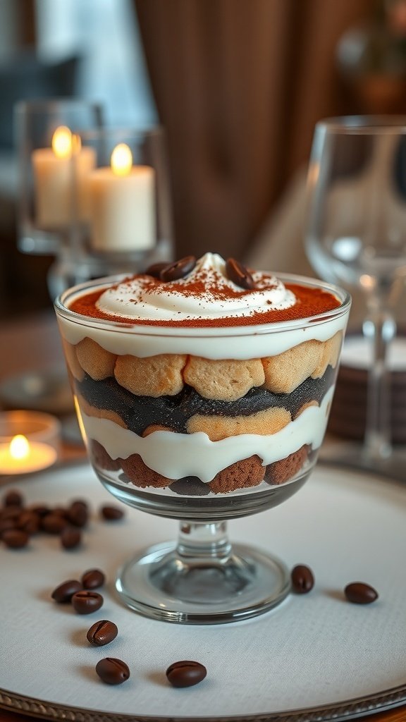 A beautifully layered tiramisu dessert in a glass bowl, topped with cocoa powder and coffee beans, with candles in the background.