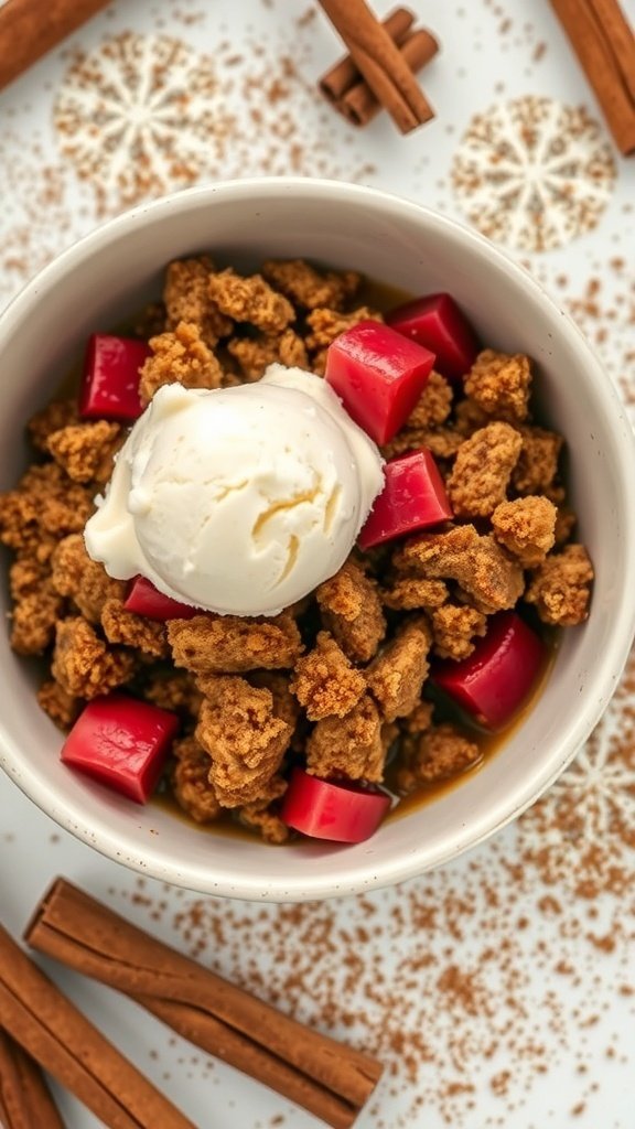 A bowl of cinnamon-spiced rhubarb crisp topped with vanilla ice cream and surrounded by cinnamon sticks.