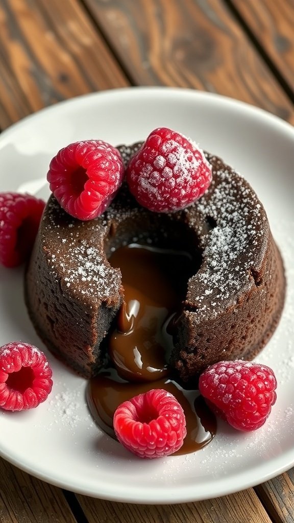 A chocolate lava cake with a gooey center, topped with raspberries and powdered sugar on a white plate.