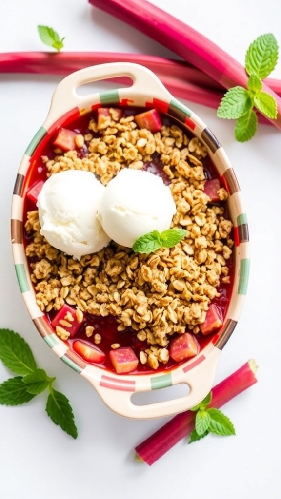 A delicious vegan rhubarb crisp topped with ice cream and mint leaves.