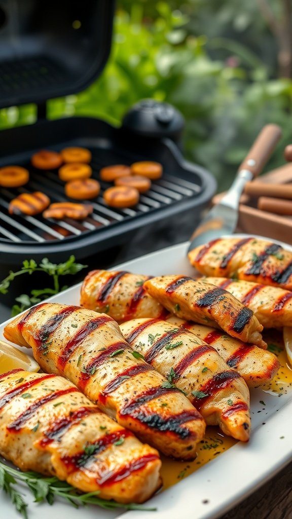 Grilled chicken and fruits on a platter with a grill in the background