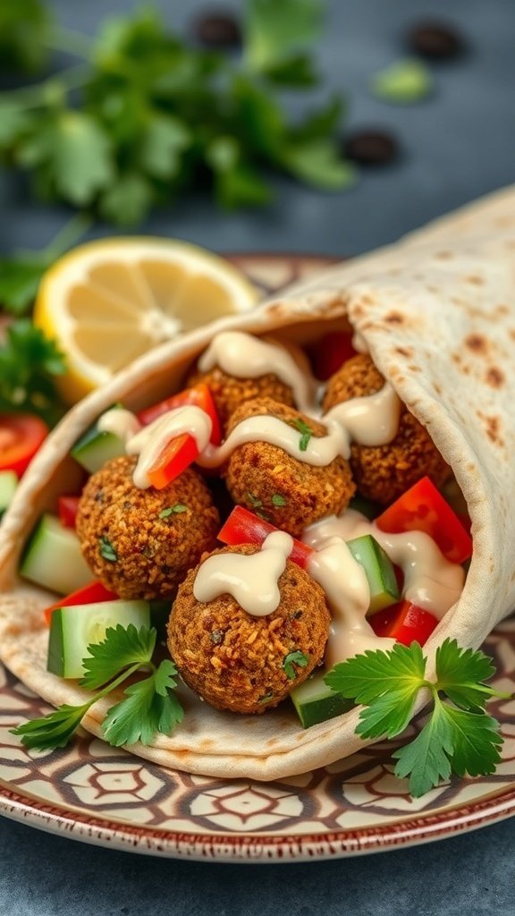A hearty Mediterranean falafel wrap filled with falafel balls, diced vegetables, and tahini sauce, garnished with a lemon wedge.