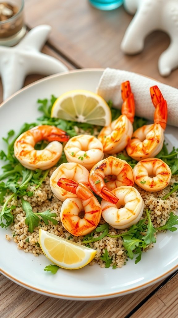 A plate of grilled shrimp on a bed of greens and couscous, garnished with lemon wedges.