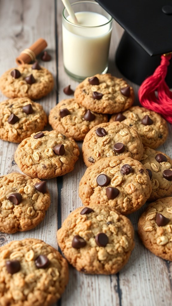A plate of chewy oatmeal cookies with chocolate chips, a glass of milk, and a graduation cap.