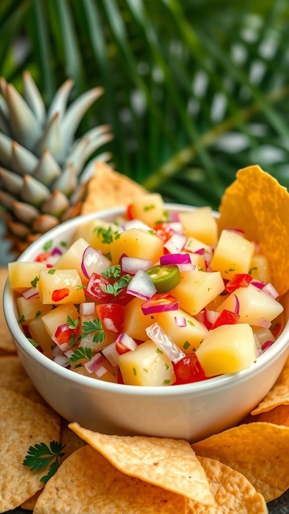 A bowl of pineapple salsa with tortilla chips and a pineapple in the background