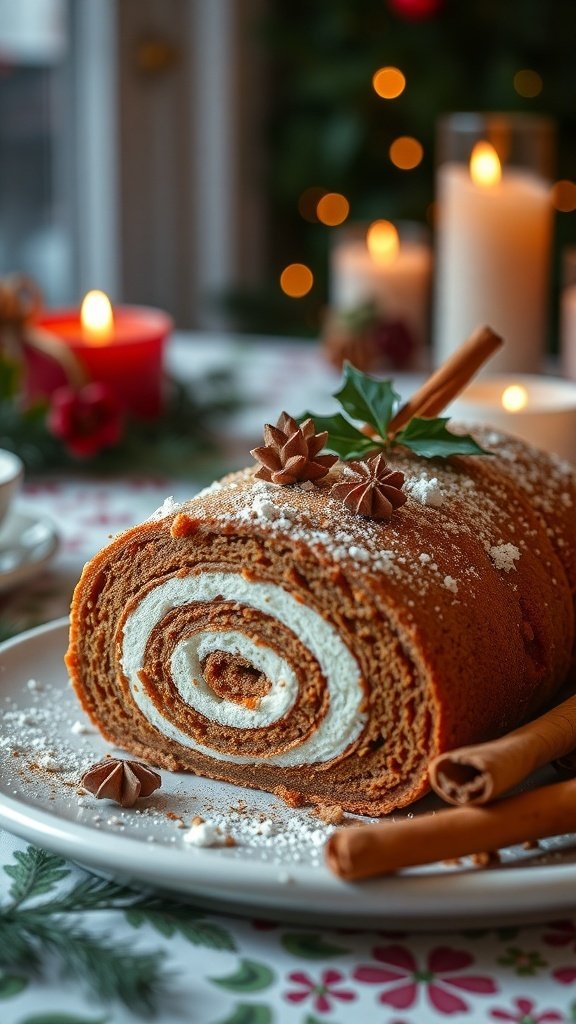 A festive carrot cake roll with cream cheese filling, garnished with cinnamon sticks and star anise, set against a holiday backdrop.
