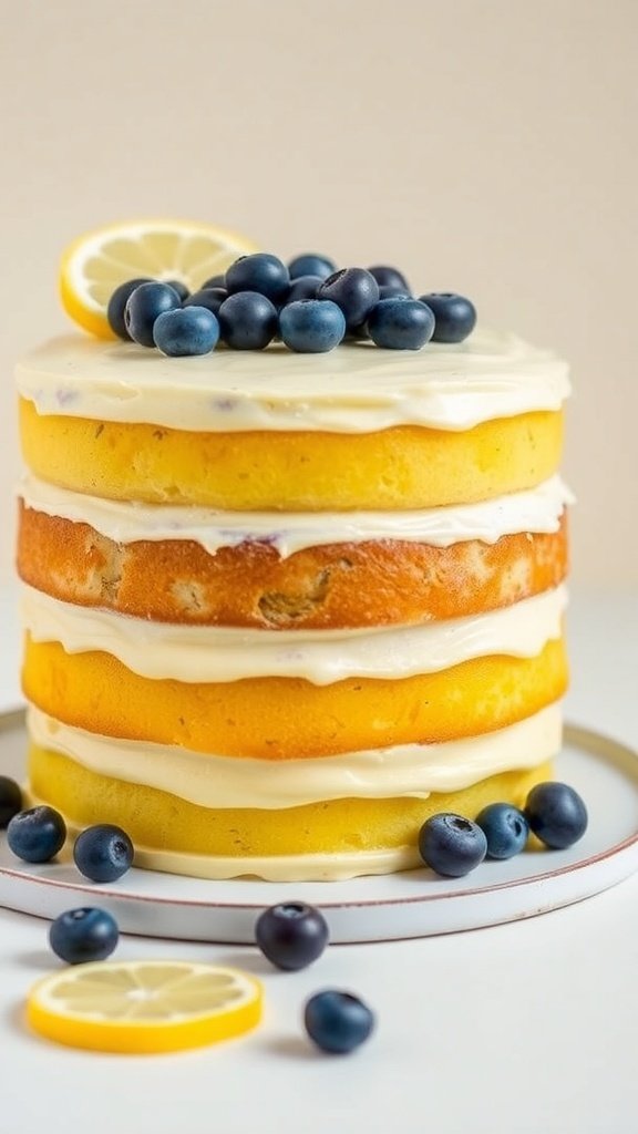 A refreshing lemon blueberry layer cake decorated with blueberries and lemon slices.