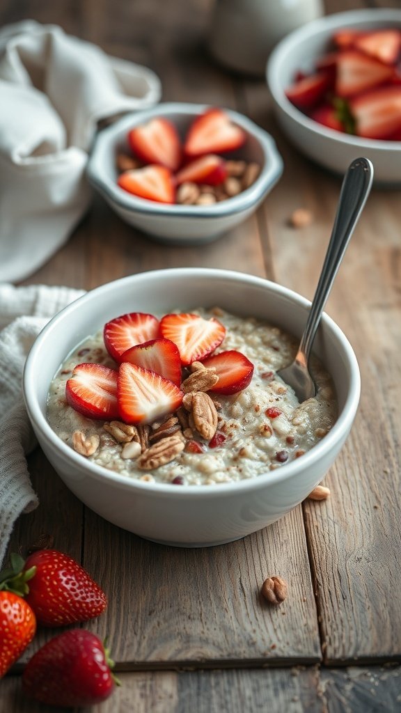 A bowl of strawberry rhubarb oatmeal topped with fresh strawberries and nuts, with more strawberries in the background.