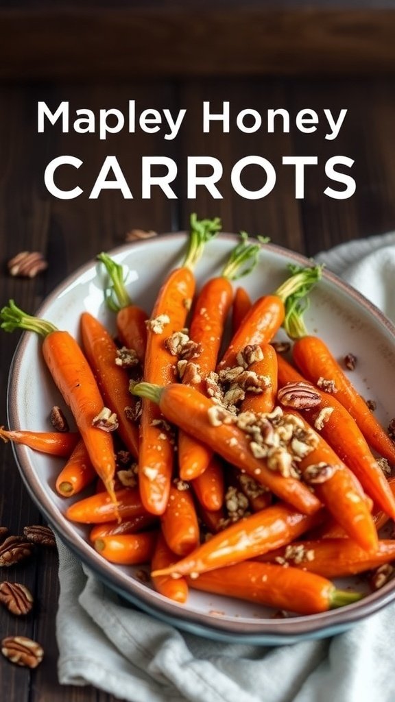 A bowl of maple honey glazed carrots garnished with pecans.