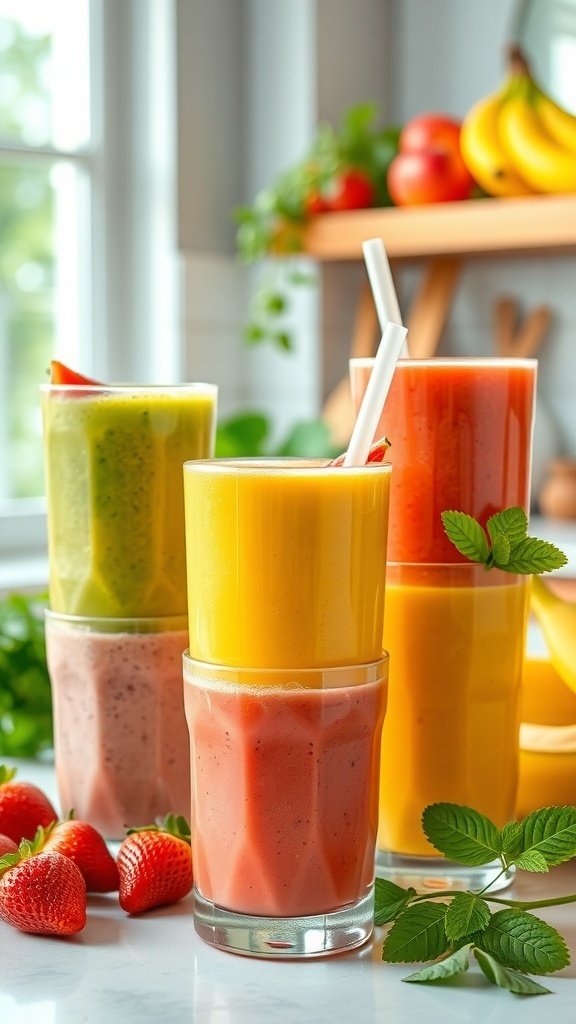 Colorful summer smoothies in glasses with fresh strawberries and mint leaves