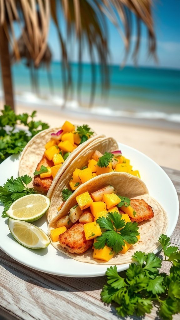 Delicious fish tacos with mango salsa on a beachside table