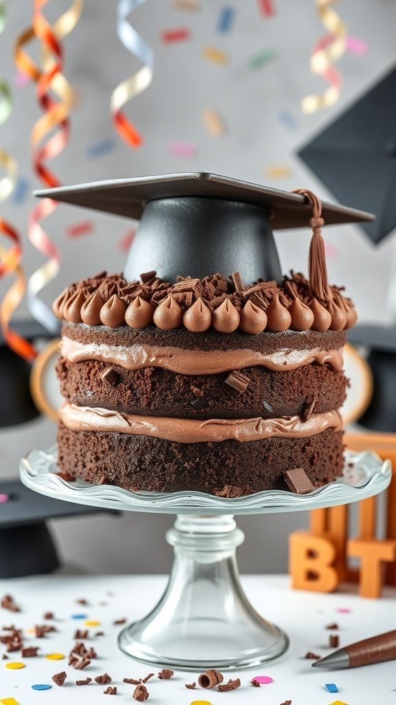 Rich chocolate graduation cake with a graduation cap on top, decorated with chocolate frosting and shavings.