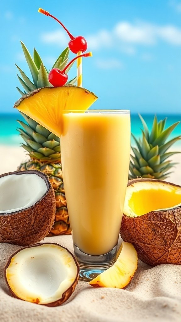 A refreshing Tropical Pineapple Coconut Smoothie garnished with a pineapple slice and cherry, surrounded by fresh pineapples and coconut shells.