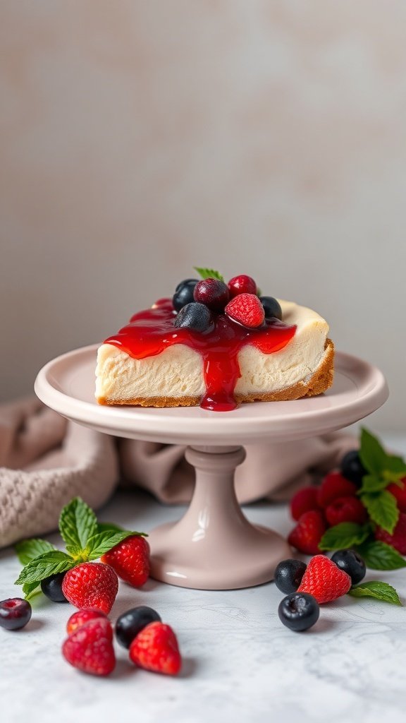 A slice of no-bake cheesecake topped with berries on a cake stand, surrounded by fresh strawberries and blueberries.