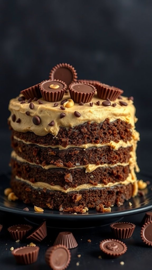 A tall, layered peanut butter cup cake topped with mini peanut butter cups and chocolate chips.