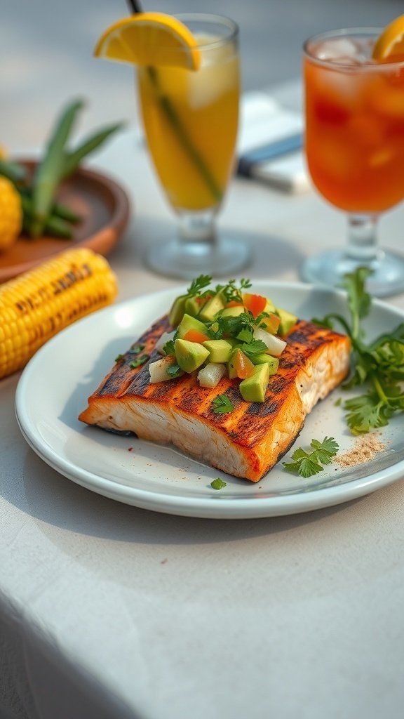 A plate of spicy grilled salmon topped with avocado salsa, served with drinks and corn on the side.