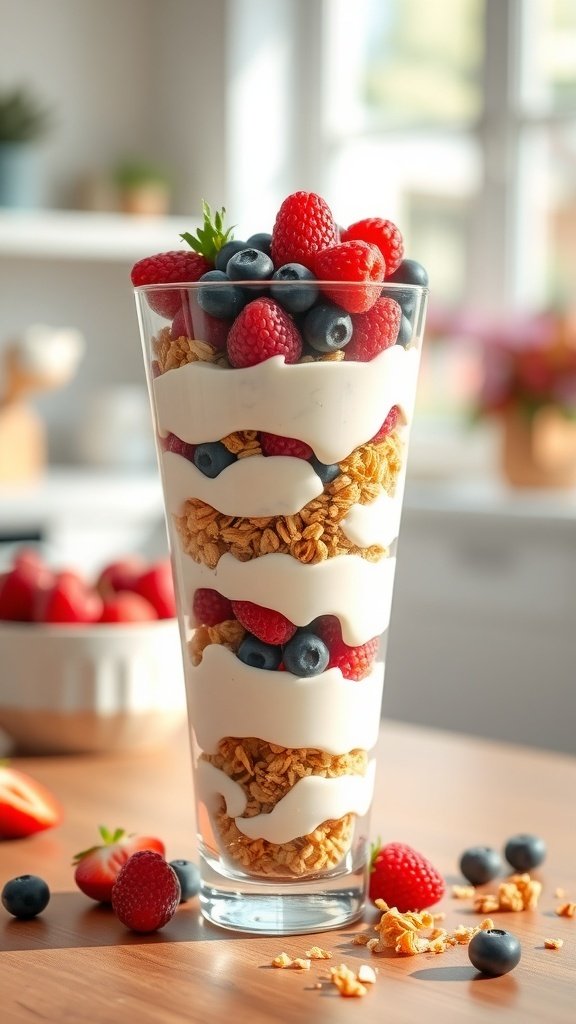 A delicious yogurt parfait with layers of yogurt, granola, and mixed berries in a tall glass.