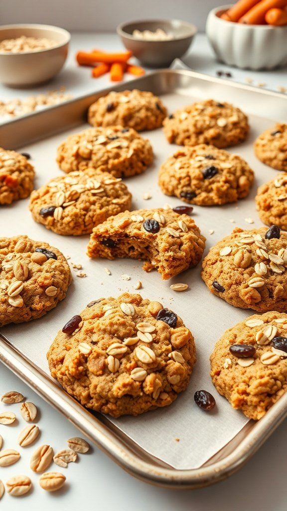 A tray of chewy oatmeal carrot cake cookies, golden brown and topped with oats, with carrots and oats in the background.