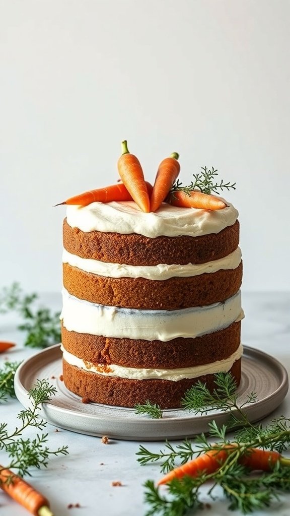 A naked carrot cake with cream cheese frosting, topped with mini carrots and greenery.