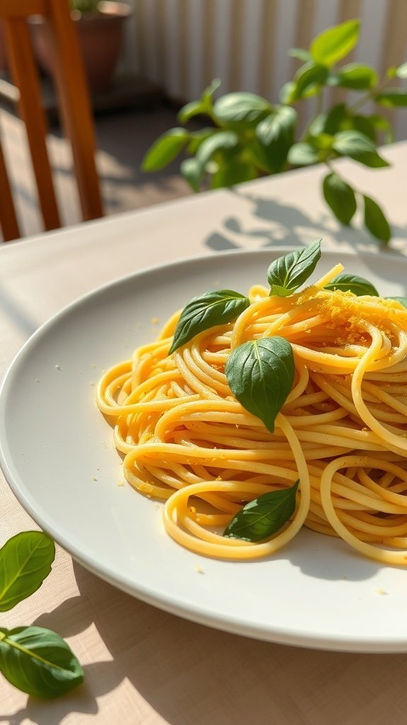 A plate of lemon basil spaghetti garnished with fresh basil leaves, showcasing a vibrant and appetizing dish.