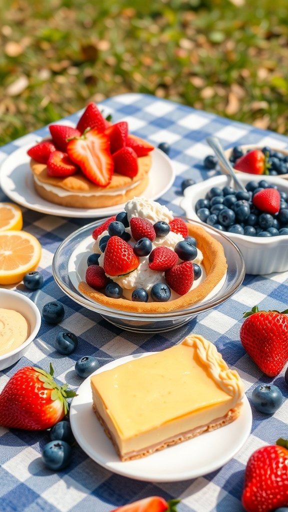 A colorful spread of summer desserts including fruit tarts, cheesecake, and bowls of fresh berries on a picnic blanket.