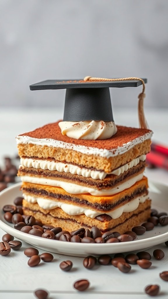 A rich tiramisu graduation cake with layers of coffee-soaked ladyfingers and mascarpone cream, topped with a chocolate graduation cap.