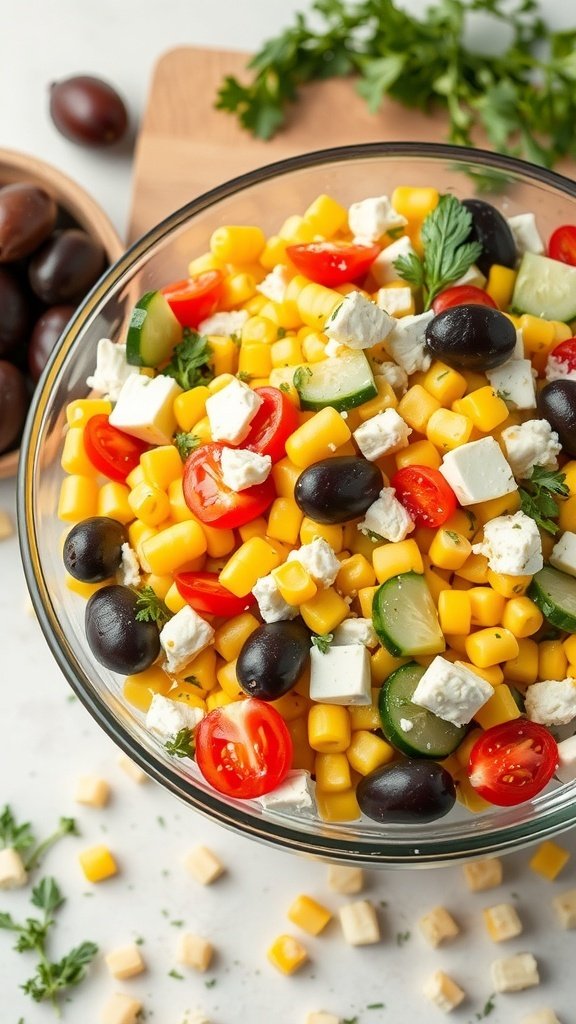 A colorful Mediterranean corn salad with feta cheese, cherry tomatoes, cucumbers, and olives in a glass bowl.