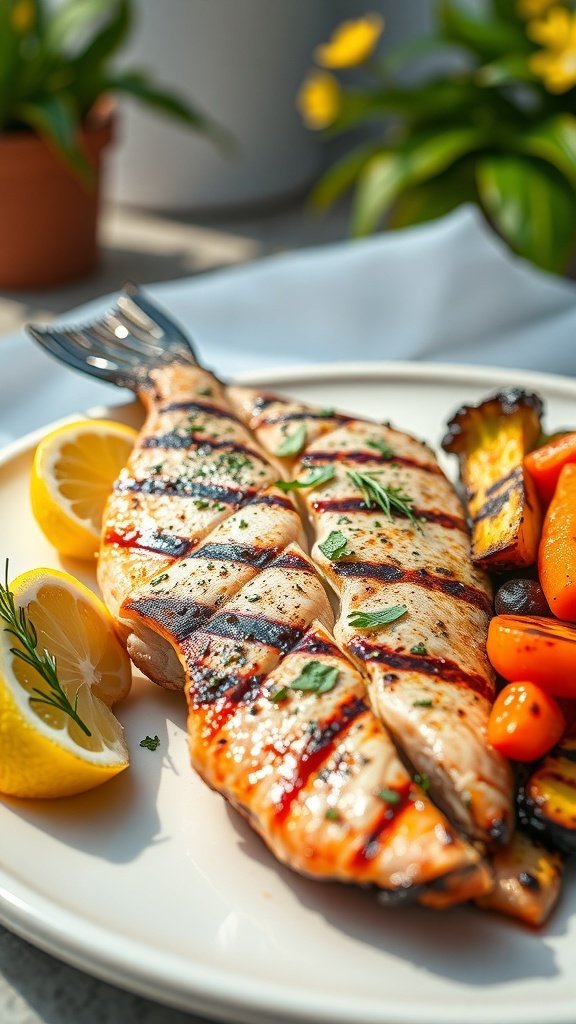 Grilled fish fillets with lemon and vegetables on a plate