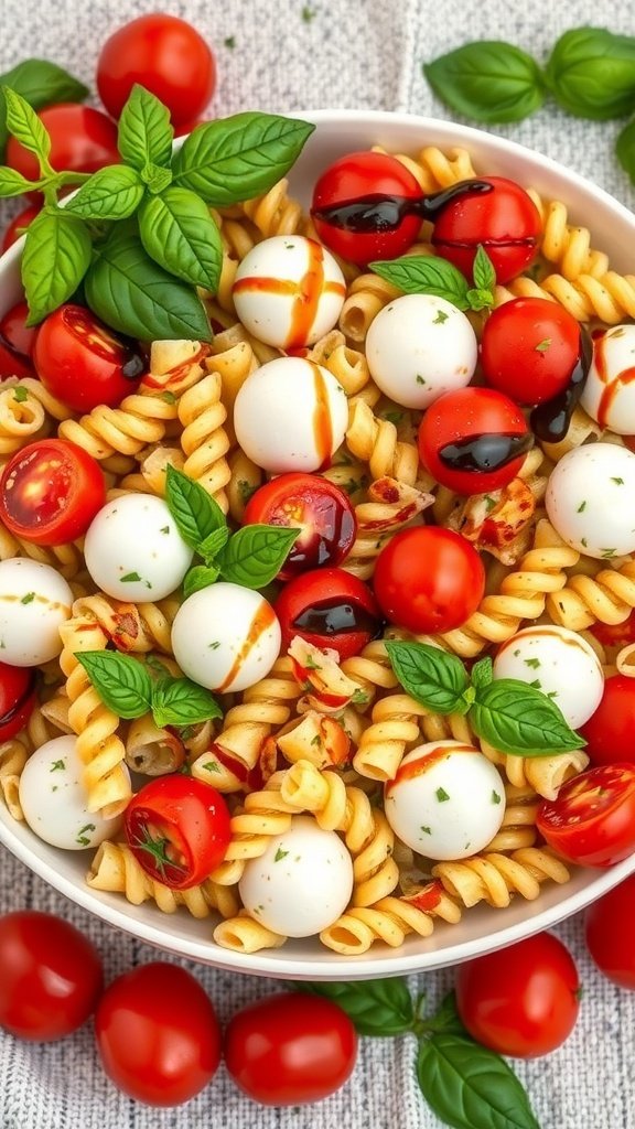 A colorful bowl of Caprese pasta salad with fresh mozzarella, cherry tomatoes, and basil leaves.