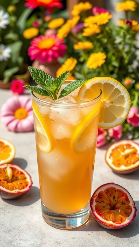 A tall glass of Tropical Passionfruit Iced Tea Lemonade garnished with mint and lemon slices, surrounded by halved passionfruits and colorful flowers.