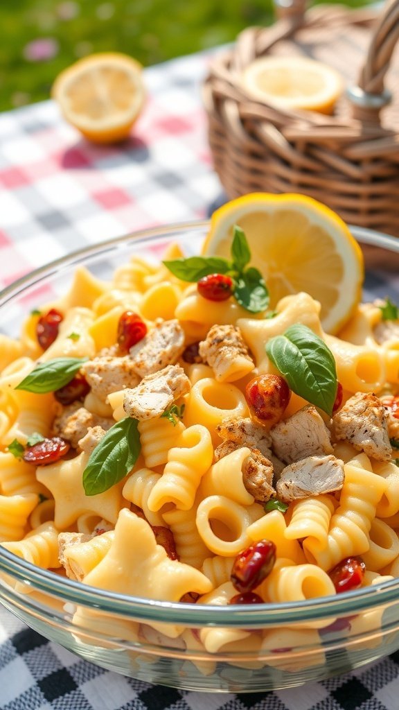 A bowl of zesty lemon basil pasta salad with grilled chicken, garnished with basil leaves and sun-dried tomatoes, with lemon wedges in the background.