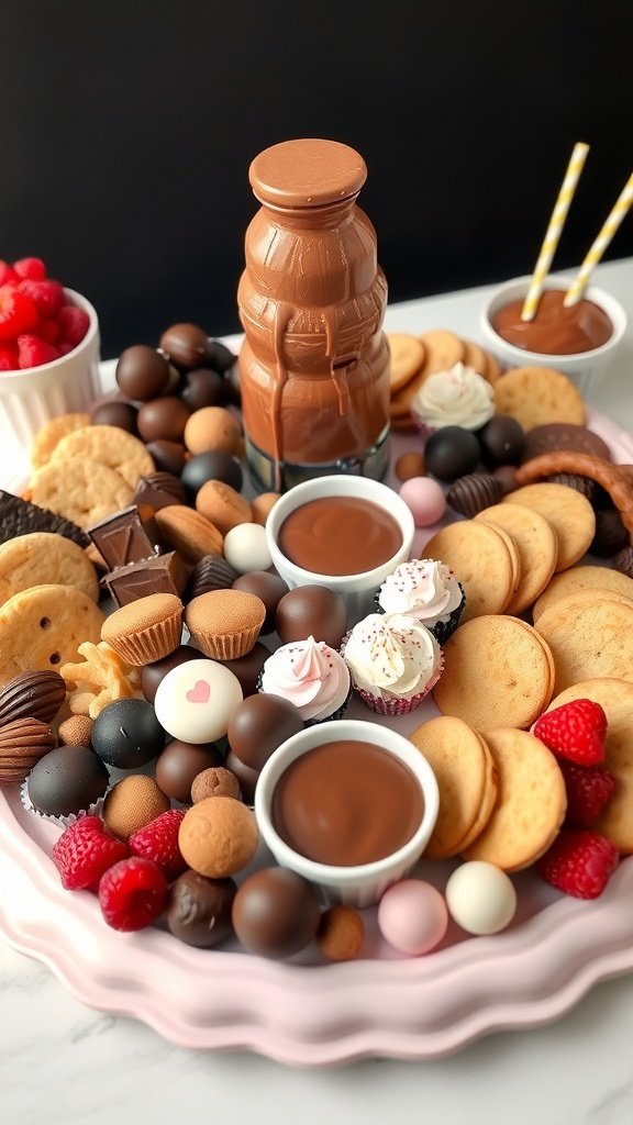 A colorful dessert charcuterie board featuring a chocolate fountain, assorted cookies, chocolates, and fresh raspberries.