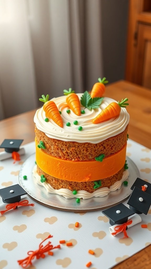 A whimsical carrot cake decorated with fondant carrots and orange frosting, perfect for graduation celebrations.
