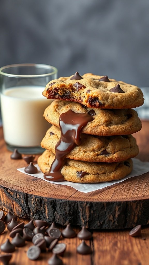 A stack of chocolate chip cookies with melted chocolate and a glass of milk