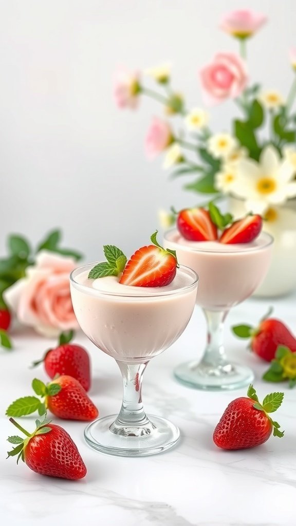 Two glasses of strawberry mousse topped with strawberries and mint, surrounded by fresh strawberries and flowers.