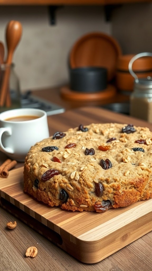 A delicious oatmeal raisin cookie cake on a wooden board, with a cup of coffee in the background.