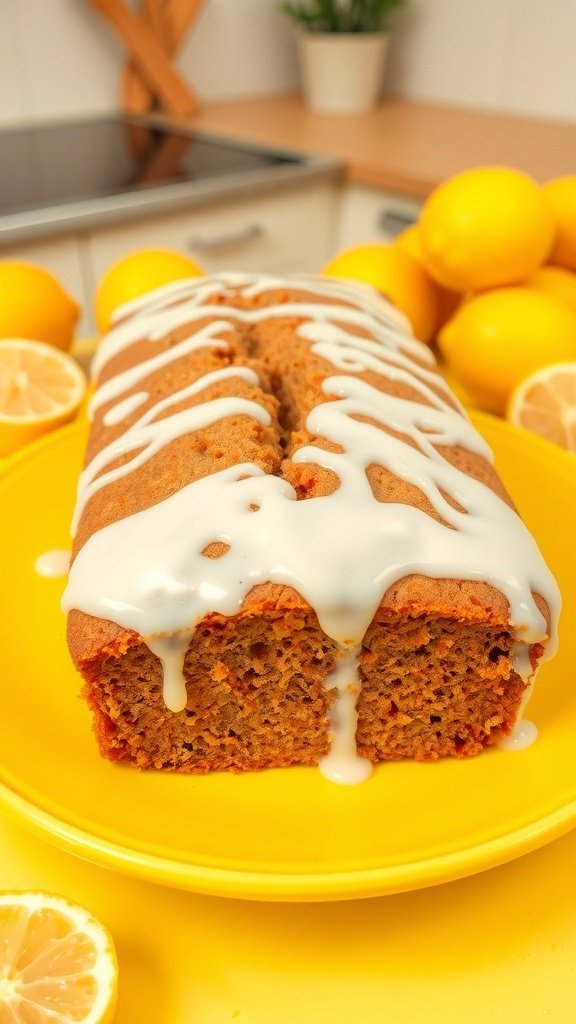 A lemon carrot cake loaf drizzled with icing on a yellow plate, surrounded by fresh lemons.