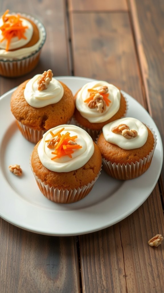 Delicious carrot cake muffins topped with cream cheese frosting and garnished with grated carrots and walnuts.