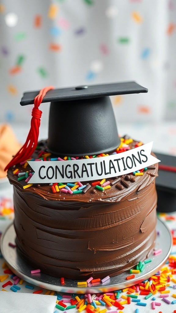 A chocolate graduation cake decorated with a graduation cap and colorful sprinkles.