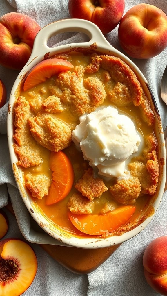 A delicious peach cobbler topped with ice cream, surrounded by fresh peaches.