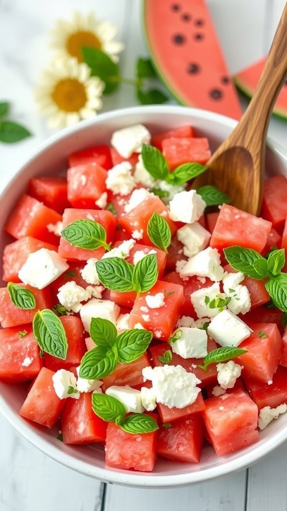 A bowl of watermelon feta salad with mint leaves, showcasing vibrant colors and fresh ingredients.