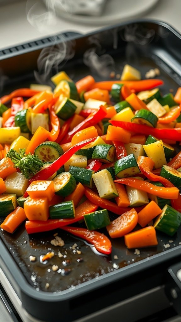 A colorful array of vegetables being stir-fried on a Blackstone griddle.
