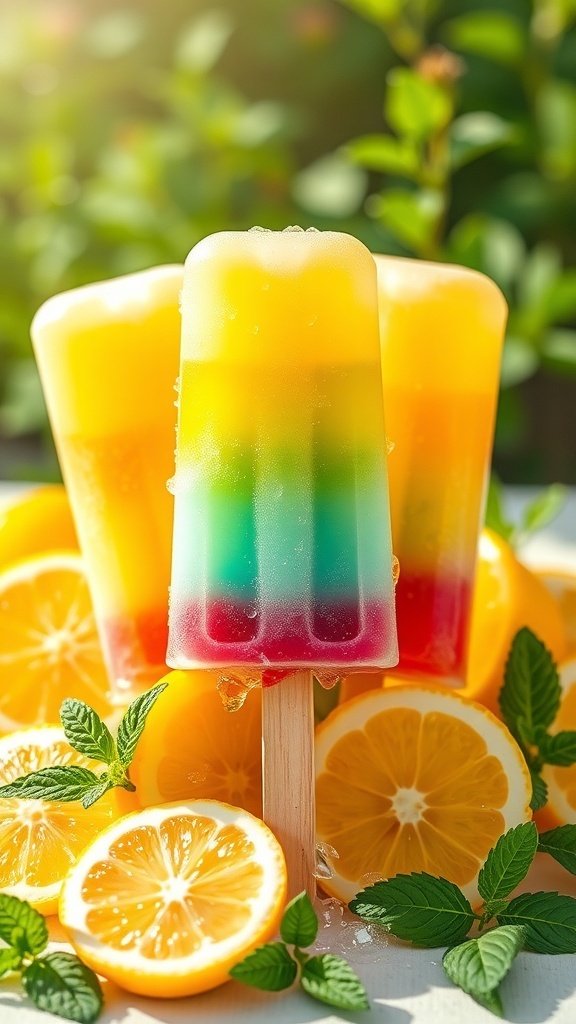 Colorful lemonade popsicles with lemon slices and mint leaves