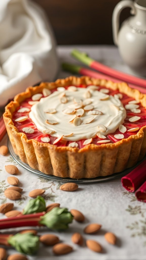 A delicious rhubarb pie topped with almond cream and sliced almonds, sitting on a table with rhubarb stalks and almonds scattered around.