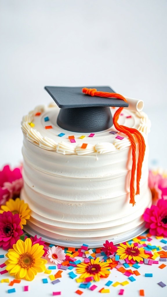 A beautifully decorated graduation cake with vanilla buttercream, topped with a graduation cap and surrounded by colorful flowers and confetti.