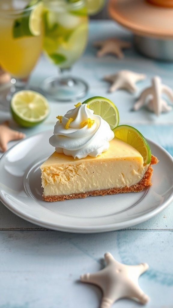 A slice of Key Lime Pie topped with whipped cream and lime slices on a plate.