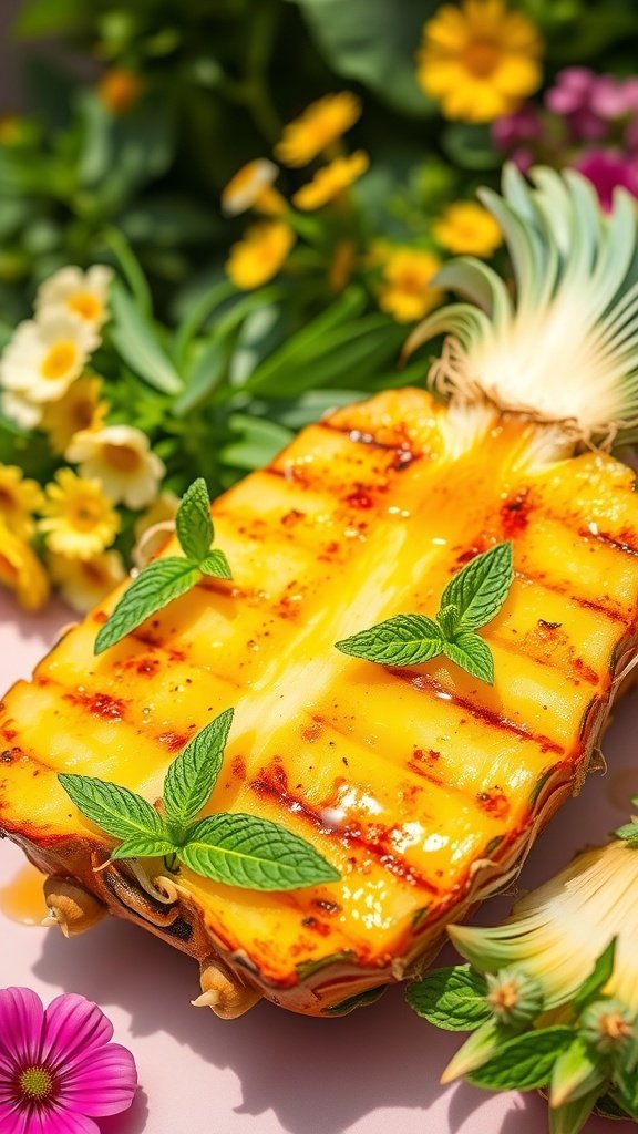 Grilled pineapple slices garnished with mint leaves, surrounded by colorful flowers.