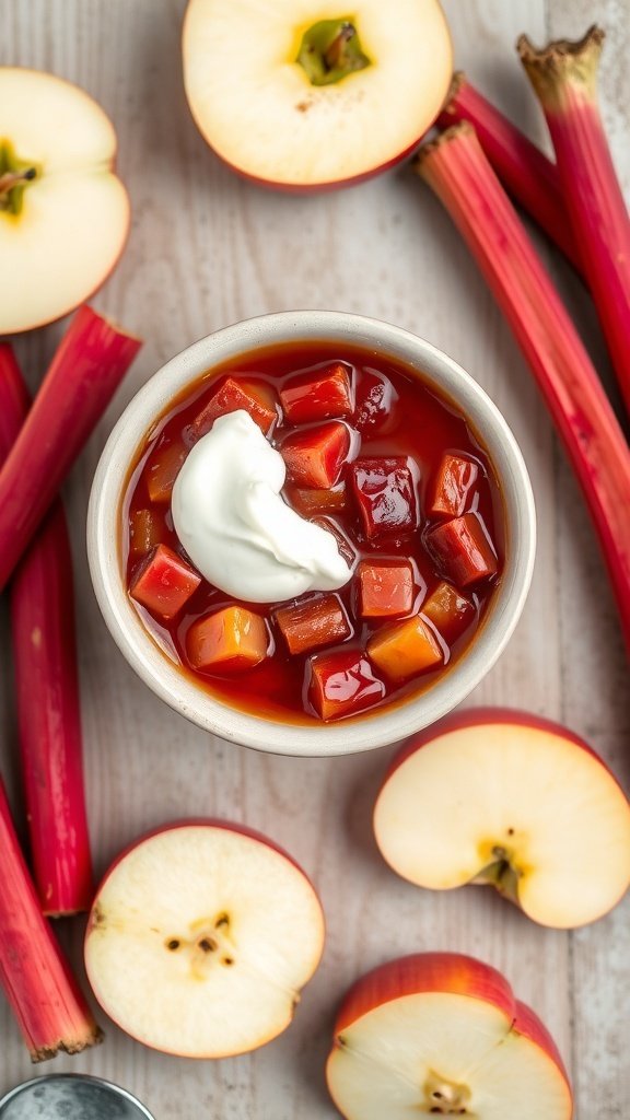 A bowl of rhubarb and apple compote topped with cream, surrounded by fresh rhubarb stalks and sliced apples.